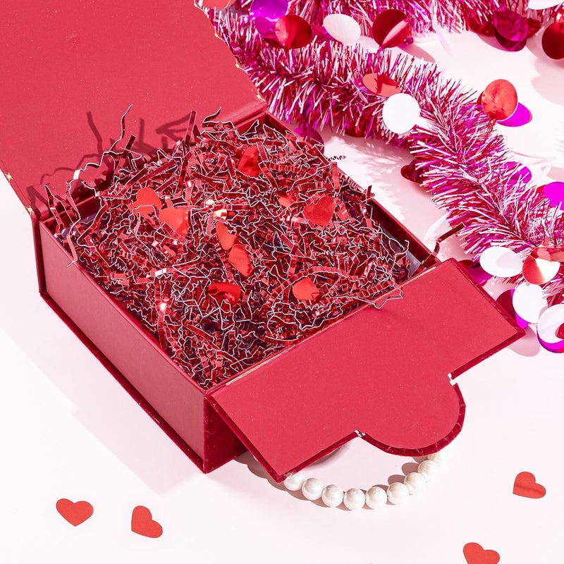 Jocomoni 1LB Valentine's Day Crinkle Cut Paper Shred Filler, Metallic Red Crinkle Cut Paper with Heart Confetti Shredded Paper Filler for Gift Wrapping Craft DIY Packaging Filling Party Supply - Image 4